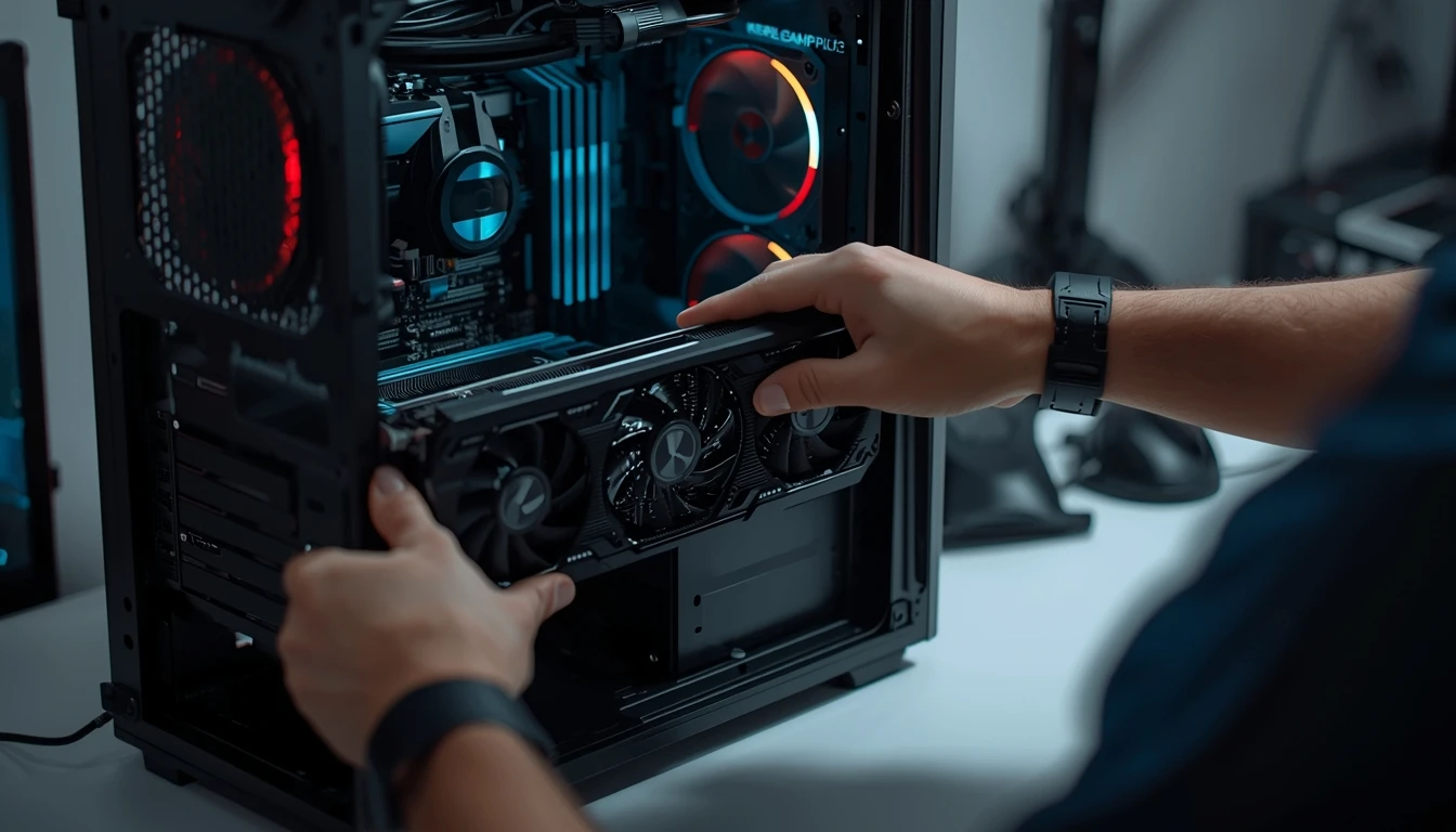 Técnico segurando o componente de hardware próximo ao gabinete aberto para demonstrar o processo prático de como instalar placa de vídeo com segurança.