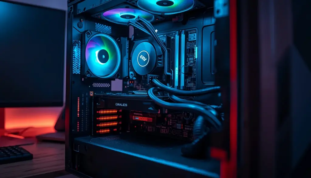 Gabinete de computador ligado com a lateral aberta revelando o fluxo de ar interno e métodos sobre como melhorar a temperatura da placa de vídeo.