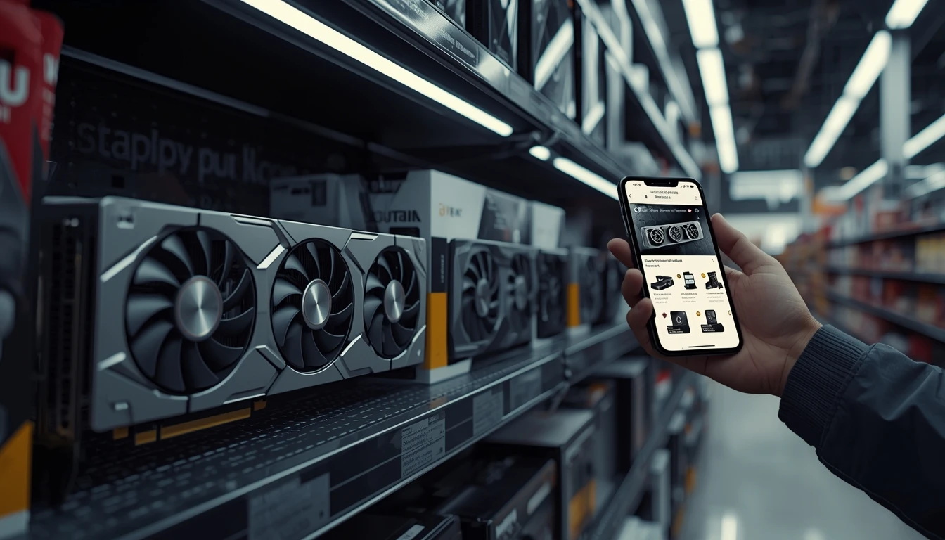 Prateleira de loja com vários componentes e pessoa consultando no celular se importar placa de vídeo AliExpress vale a pena.